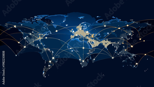 Global network connections illuminating a world map with interconnected nodes