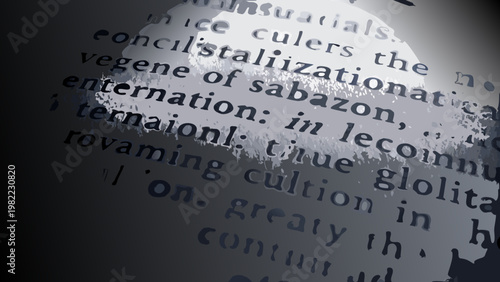 Close up of blurred text with visible words in a vintage abstract style