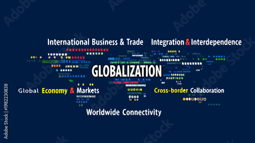 Globalization concept with interconnected data and economic keywords