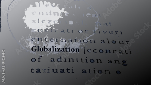 Abstract image featuring blurred text relating to globalization and economic concepts