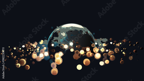 A digital rendering of earth disintegrating into glowing particles