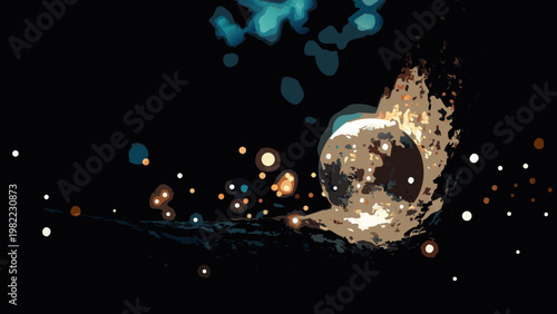 Stylized illustration of a planet with fiery trails against a dark backdrop