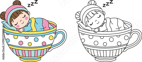 Adorable Cartoon Baby Sleeping in Teacup Coloring Page Included
