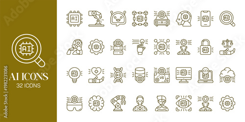 Artificial Intelligence Icon Set with AI Brain, Machine Learning, Robot, Data Network and Futuristic Technology Vector Collection