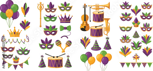 Colorful Mardi Gras Party Set with Masks, Drums, Balloons, Musical Instruments, Crowns, and Festive Decorations for Carnival Design
