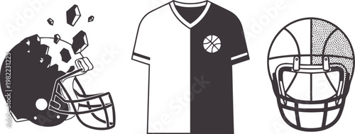 Fragmenting American football helmet basketball jersey and basketball helmet shattered