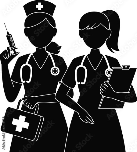 Two nurse silhouettes with medical equipment, syringe and first aid kit for healthcare professional vector