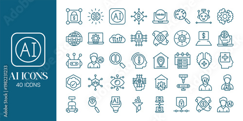 Artificial Intelligence Icon Set with AI Brain, Machine Learning, Robot, Data Network and Futuristic Technology Vector Collection