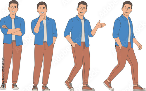 Set of young handsome man character in different poses walking standing and presenting for casual lifestyle fashion and advertising design vector illustration.