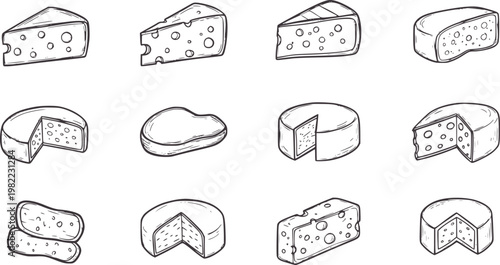 Hand drawn cheese assortment with holes and wedges food dairy white black