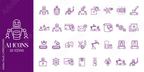 Artificial Intelligence Icon Set with AI Brain, Machine Learning, Robot, Data Network and Futuristic Technology Vector Collection
