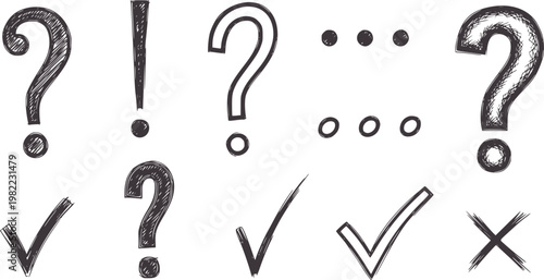 Hand drawn question marks exclamation points check marks and x symbols