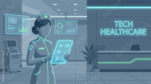 A female nurse utilizing advanced digital tablet technology for patient data management in a modern, high-tech healthcare facility, symbolizing innovative medical care