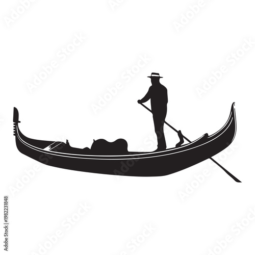 Black silhouette of venetian gondola boat isolated on white background profile.