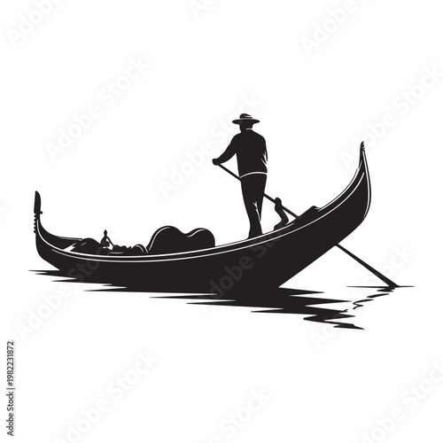 Black silhouette of venetian gondola boat isolated on white background profile.