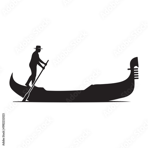Black silhouette of venetian gondola boat isolated on white background profile.