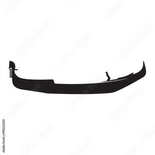 Black silhouette of venetian gondola boat isolated on white background profile.