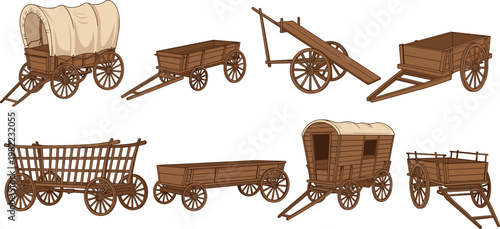 Set of vintage wooden wagons and carts, historical transport vehicles collection, old rural carriage designs, classic vector illustration