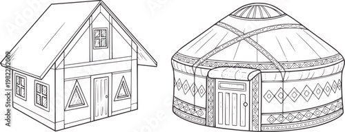 Line of a traditional house and a yurt architecture dwelling