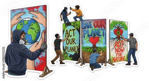 People painting eco-friendly messages on large posters