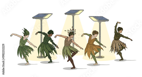 Dancers in various green and brown costumes performing under solar panels