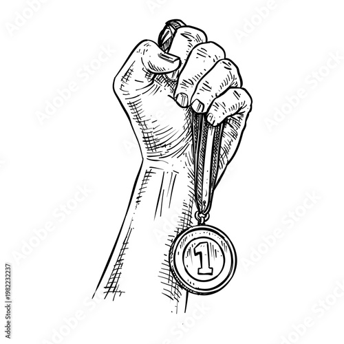 hand holding medal vector line art hand drawn illustration