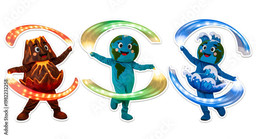 colorful cartoon characters dancing with swirling lights