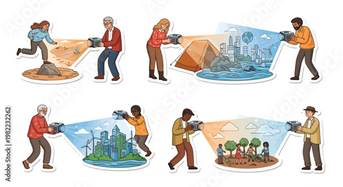 people pulling landscape city nature with ropes teamwork