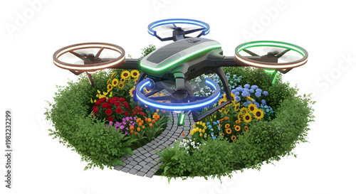 Drone flying over flowers and grass with colorful propellers