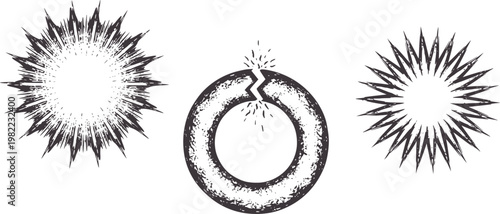 Three abstract bursting and breaking apart explosion radial