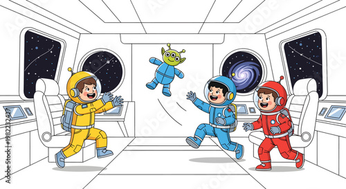 cartoon astronauts and alien in space station interior