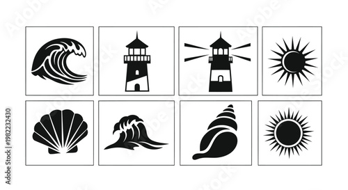 Black and white icons of ocean and beach symbols