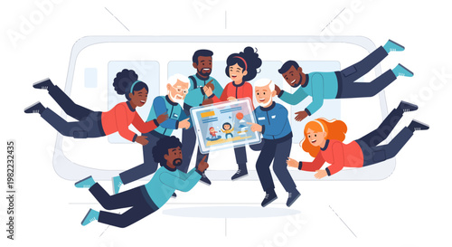 Diverse group of people jumping and holding a large poster together