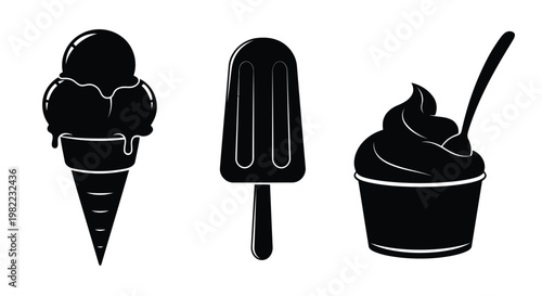 Black and white icons of ice cream cone popsicle and cup
