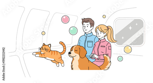 cartoon couple with cat and dog in car interior