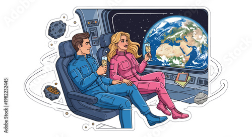 Couple in space suits looking at Earth from spacecraft