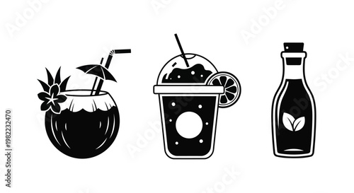 Black and white icons of three cocktails