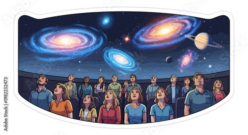 people looking at planets and galaxies in a digital projection