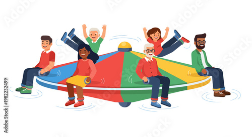 Diverse group of happy people sitting on colorful puzzle pieces