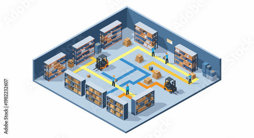 Isometric 3D Illustration of a Warehouse Logistics Center with Workers, Forklifts, and Shelving Units for Supply Chain Management