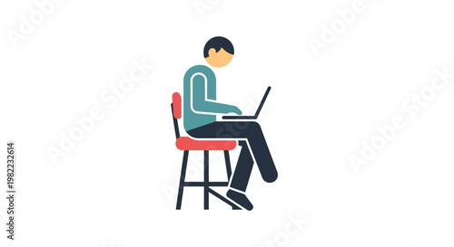 Man sitting on a stool working on laptop.