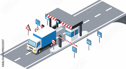 Isometric Illustration of a Cargo Truck at a Toll Booth Checkpoint on a Highway for Logistics and Transportation Concepts