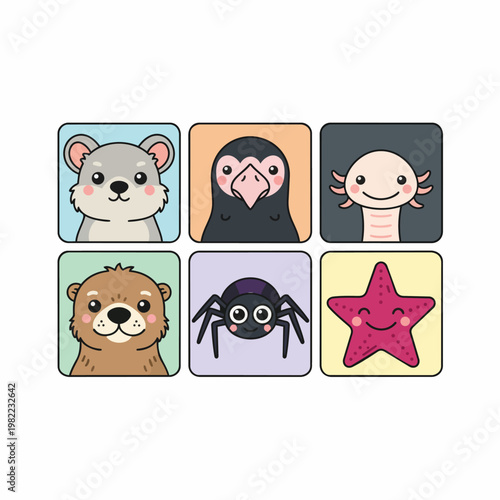 Cute cartoon aquatic and land animals axolotl spider otter mouse penguin starfish.