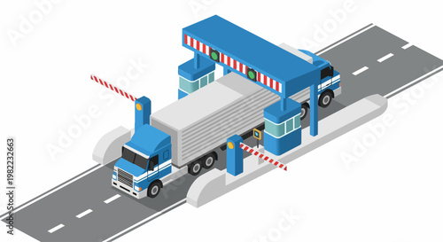 Isometric Illustration of a Blue Semi-Truck at a Highway Toll Booth Gate. Commercial Transportation and Logistics Concept Isolated on White Background.