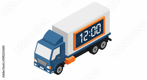 Isometric 3D Delivery Truck with Digital Clock, Fast Express Shipping and Time Sensitive Logistics Concept Isolated on White