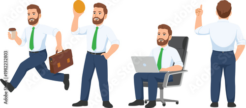 Set of professional businessman character in various poses including running with briefcase working on laptop and holding gold coin for corporate success and financial growth vector illustration.