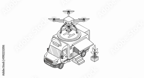 Isometric Line Art Illustration of a Mobile Command Van with a Drone Landing Pad and Quadcopter for Futuristic Logistics and Autonomous Delivery Technology