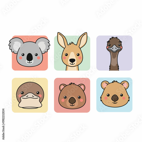 Cute cartoon Australian animals koala kangaroo emu platypus wombat faces vector.