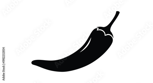 A minimalist black silhouette depicts a single curved chili pepper against a white background high quality