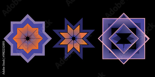 Three geometric shapes with repeating star patterns on a black background